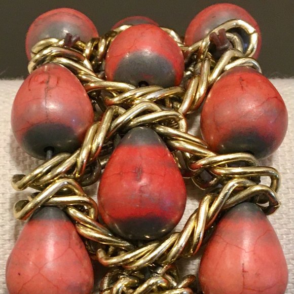 Bracelet Vintage Retro Gold Chain Orange Tear Drop - Picture 5 of 10